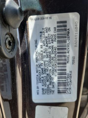 4T1BE32K22U542640 - 2002 TOYOTA CAMRY LE BROWN photo 12