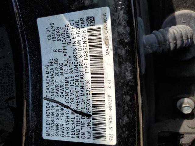 2HGFE2F5XNH503758 - 2022 HONDA CIVIC SPORT BLACK photo 12