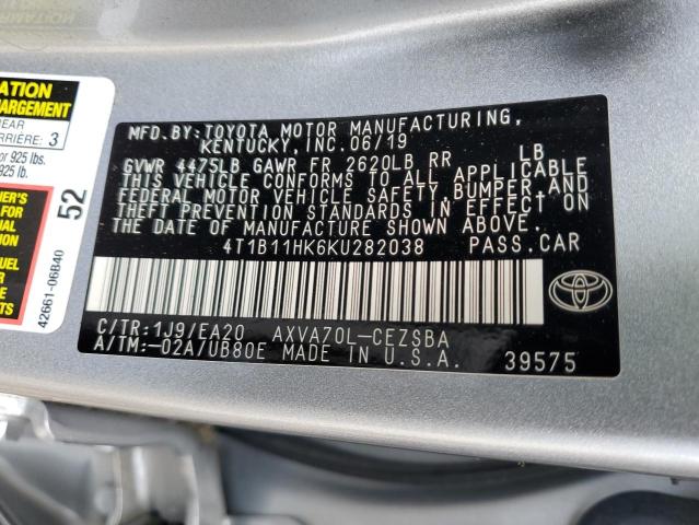 4T1B11HK6KU282038 - 2019 TOYOTA CAMRY L SILVER photo 12