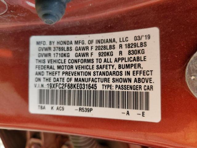 19XFC2F68KE031645 - 2019 HONDA CIVIC LX 红色 照片 12