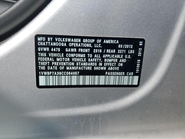 1VWBP7A39CC064057 - 2012 VOLKSWAGEN PASSAT SE SILVER photo 12