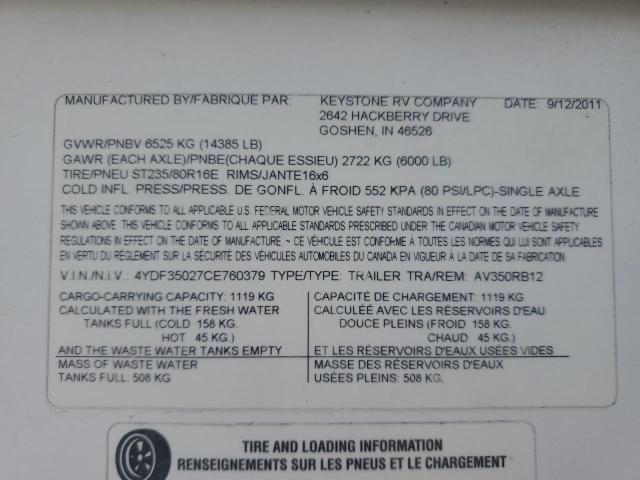 4YDF35027CE760379 - 2012 KEYSTONE TRAILER WHITE photo 10