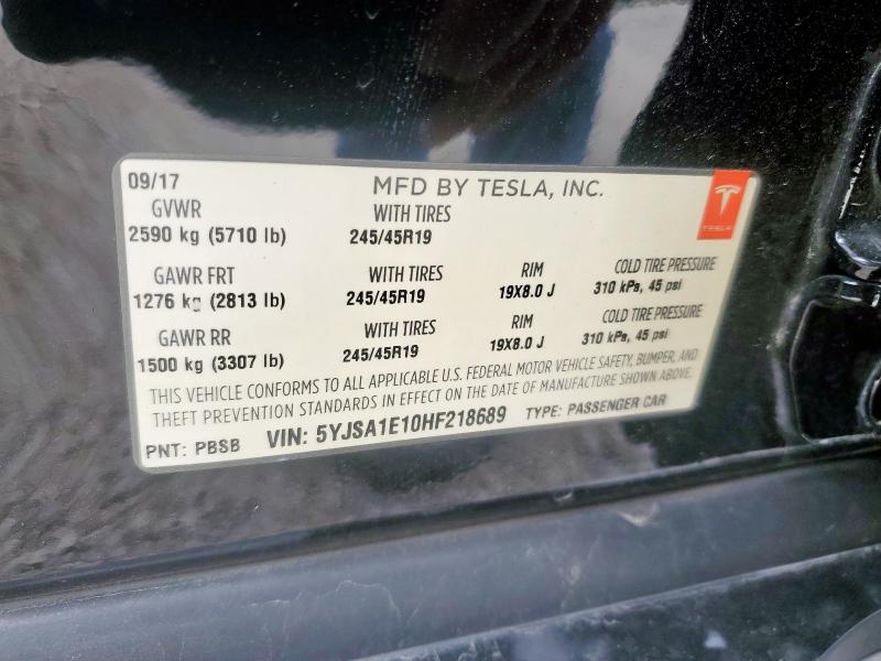 5YJSA1E10HF218689 - 2017 TESLA MODEL S შავი ფოტო 12
