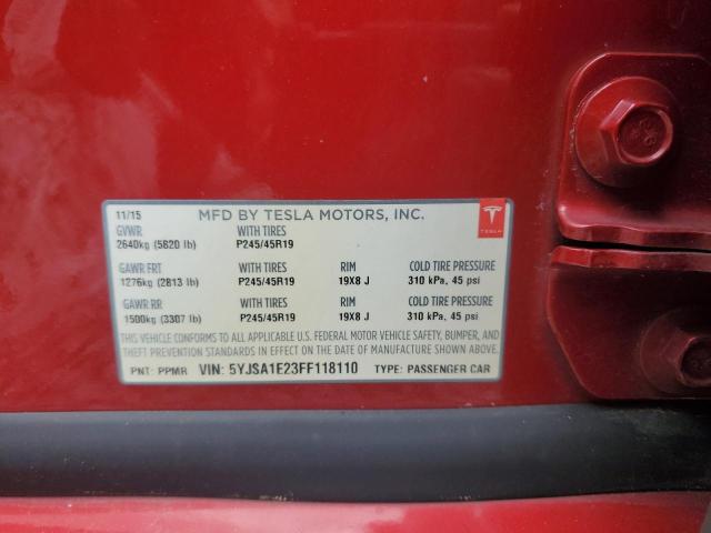 5YJSA1E23FF118110 - 2015 TESLA MODEL S RED photo 12