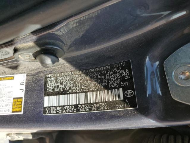 JTDKN3DUXC1495119 - 2012 TOYOTA PRIUS GRAY photo 12