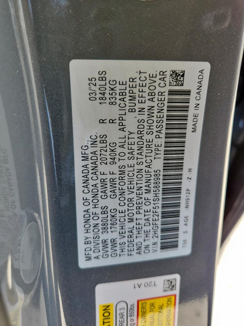 2HGFE2F51SH588985 - 2025 HONDA CIVIC SPORT GRAY photo 12
