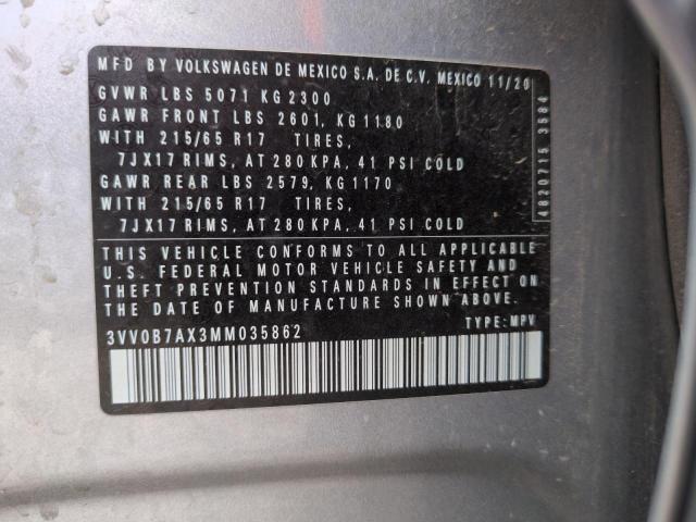 3VV0B7AX3MM035862 - 2021 VOLKSWAGEN TIGUAN S Մոխրագույն լուսանկար 12