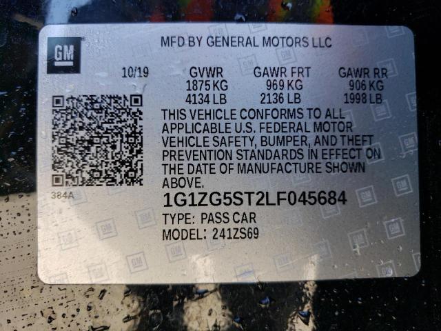 1G1ZG5ST2LF045684 - 2020 CHEVROLET MALIBU RS შავი ფოტო 12