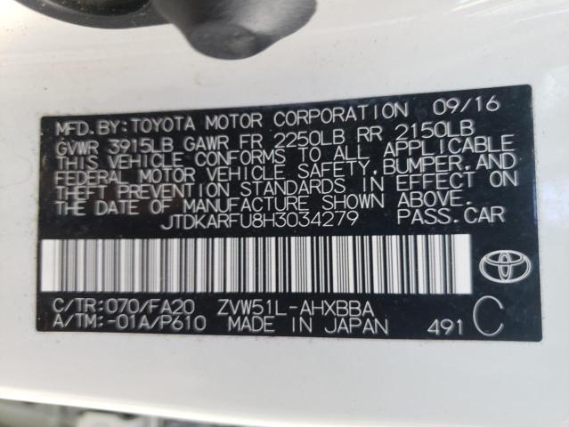 JTDKARFU8H3034279 - 2017 TOYOTA PRIUS PRIM 白色 照片 12