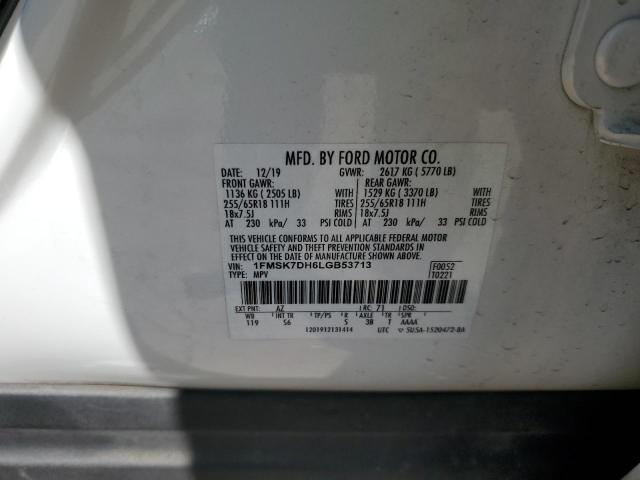 1FMSK7DH6LGB53713 - 2020 FORD EXPLORER XLT 白色 照片 13