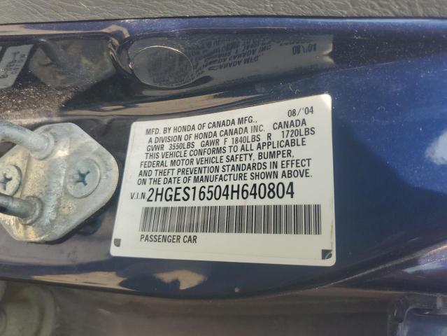 2HGES16504H640804 - 2004 HONDA CIVIC LX BLUE photo 12