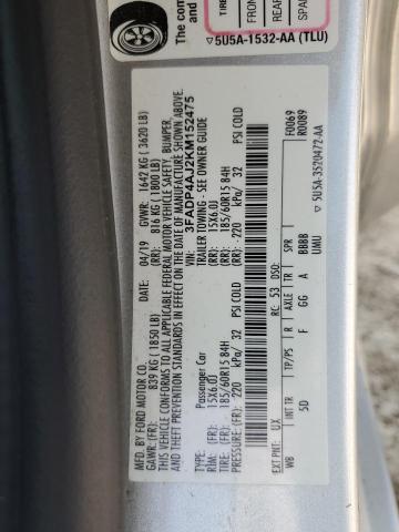 3FADP4AJ2KM152475 - 2019 FORD FIESTA S SILVER photo 12