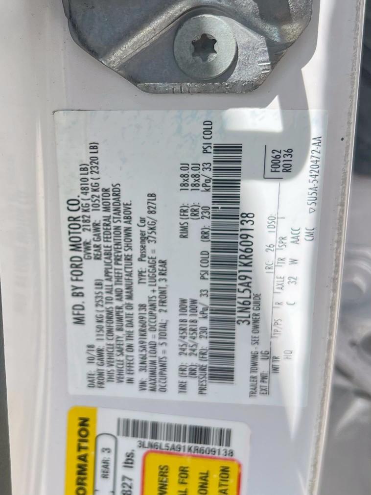 3LN6L5A91KR609138 - 2019 LINCOLN MKZ WHITE photo 10