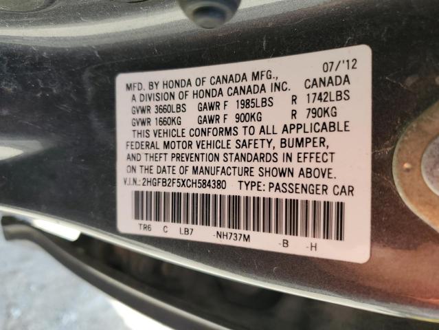 2HGFB2F5XCH584380 - 2012 HONDA CIVIC LX GRAY photo 12