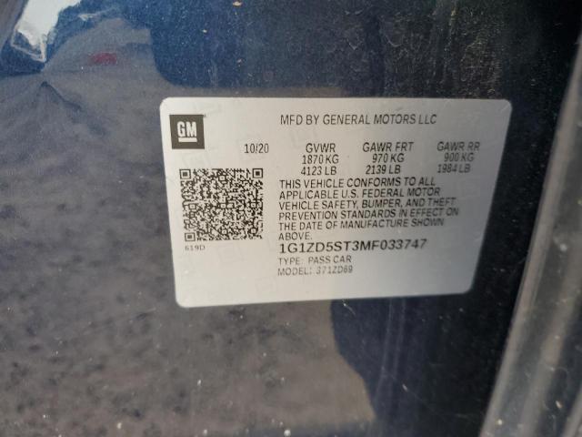 1G1ZD5ST3MF033747 - 2021 CHEVROLET MALIBU LT BLUE photo 12