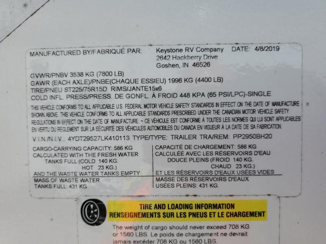 4YDT29527LK410113 - 2020 PASSPORT TRAVELTRLR WHITE photo 10