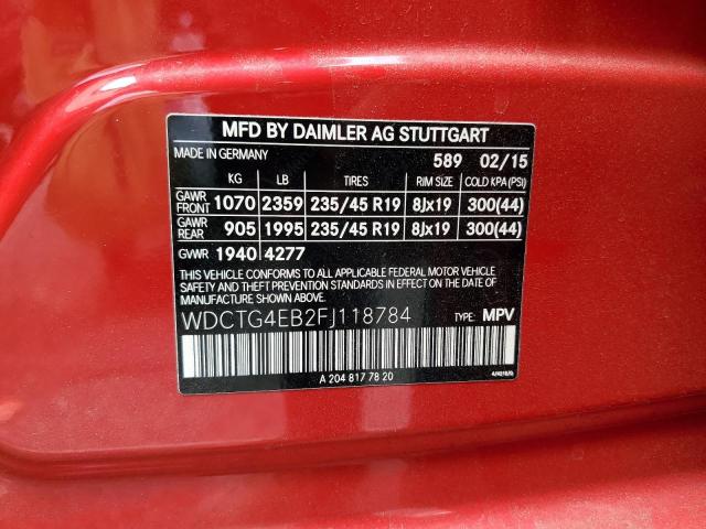WDCTG4EB2FJ118784 - 2015 MERCEDES-BENZ GLA 250 红色 照片 12
