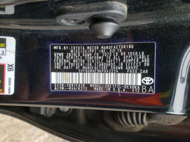 5YFBURHE9KP943224 - 2019 TOYOTA COROLLA L შავი ფოტო 12