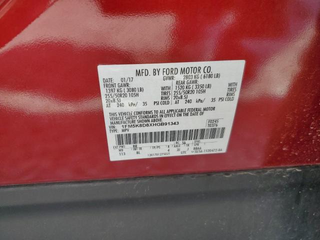 1FM5K8D8XHGB91343 - 2017 FORD EXPLORER XLT RED photo 12