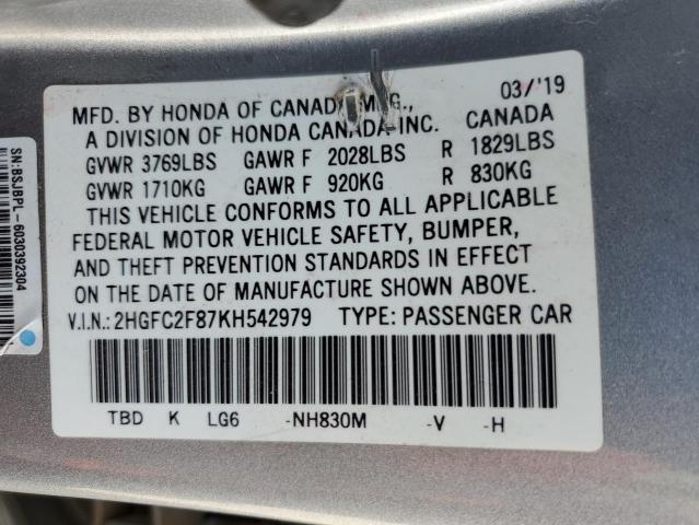 2HGFC2F87KH542979 - 2019 HONDA CIVIC SPORT SILVER photo 12