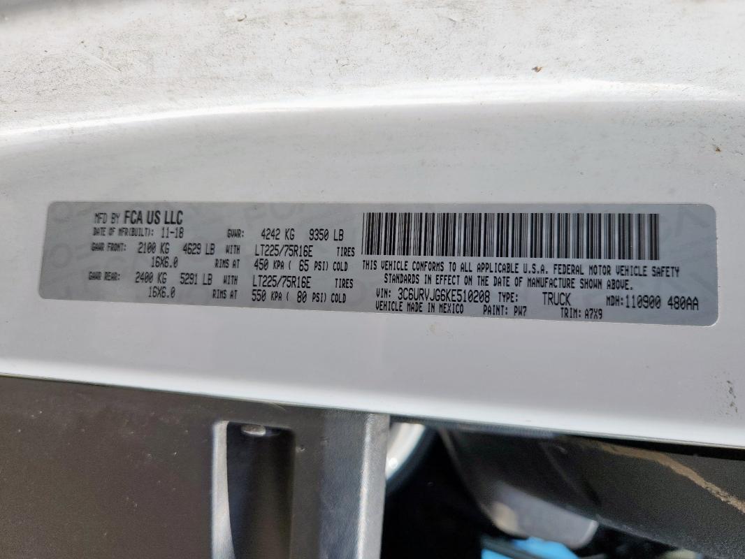 3C6URVJG6KE510208 - 2019 RAM PROMASTER 3500 HIGH Biały zdjęcie 13