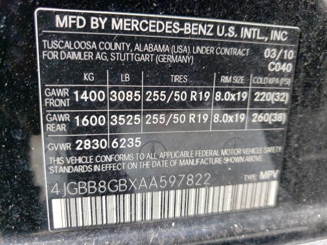 4JGBB8GBXAA597822 - 2010 MERCEDES-BENZ ML 350 4MATIC BLACK photo 12