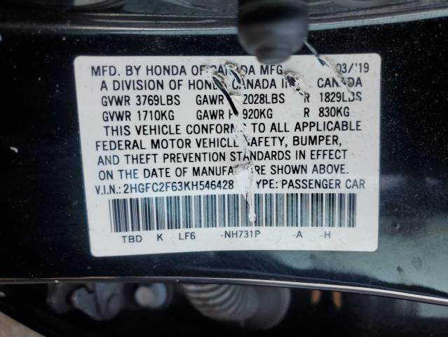 2HGFC2F63KH546428 - 2019 HONDA CIVIC LX BLACK photo 12