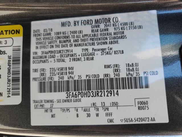 3FA6P0HD3JR212914 - 2018 FORD FUSION SE GRAY photo 12