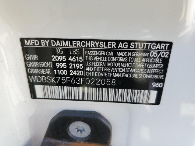 WDBSK75F63F022058 - 2003 MERCEDES-BENZ SL 500R თეთრი ფოტო 12