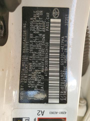 4T1BK3DB7BU434150 - 2011 TOYOTA AVALON BASE 白色 照片 12