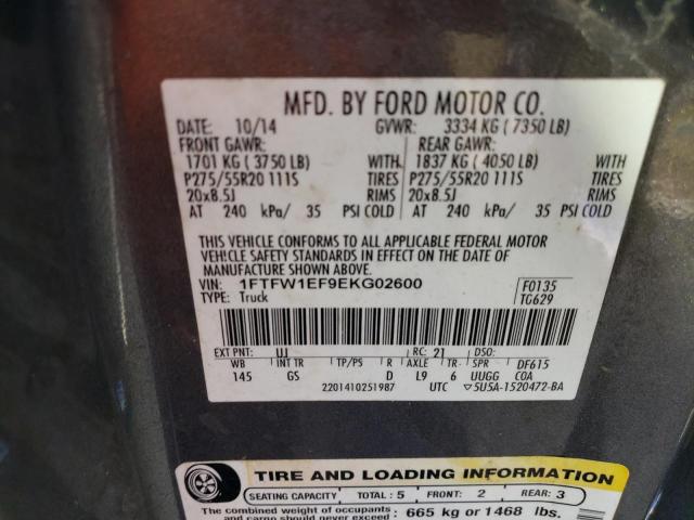 1FTFW1EF9EKG02600 - 2014 FORD F-150 XLT SUPERCREW GRAY photo 10