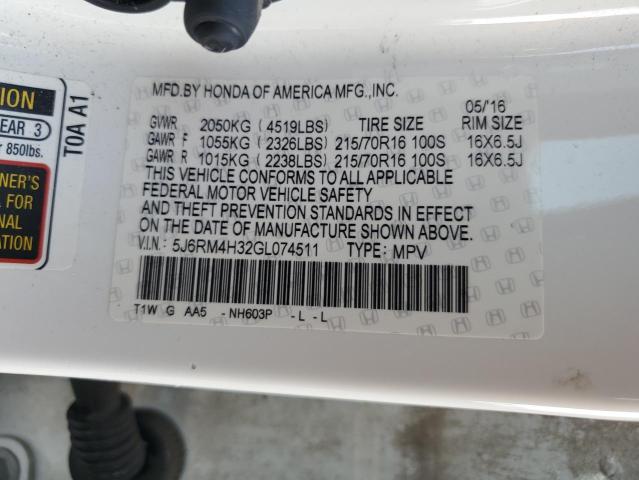 5J6RM4H32GL074511 - 2016 HONDA CR-V LX Blanc photo 14