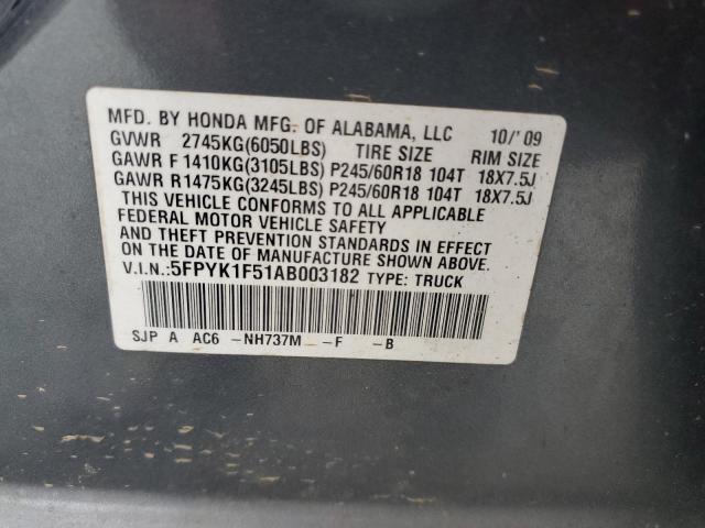 5FPYK1F51AB003182 - 2010 HONDA RIDGELINE RTL GRAY photo 13