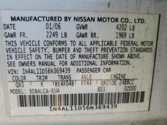 1N4AL11D56N369439 - 2006 NISSAN ALTIMA S WHITE photo 12