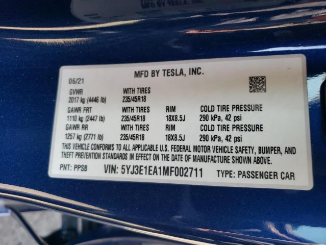 5YJ3E1EA1MF002711 - 2021 TESLA MODEL 3 BLUE photo 12