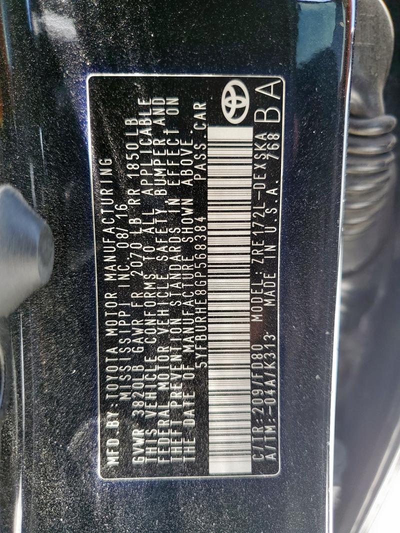 5YFBURHE8GP568384 - 2016 TOYOTA COROLLA L BLACK photo 13