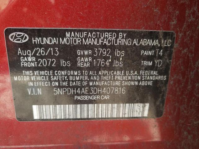 5NPDH4AE3DH407816 - 2013 HYUNDAI ELANTRA GLS RED photo 10