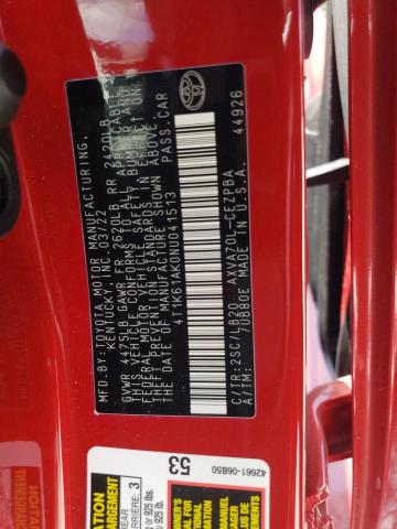 4T1K61AK0NU041513 - 2022 TOYOTA CAMRY XSE 红色 照片 12