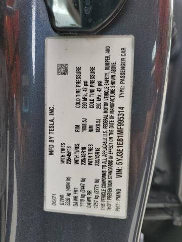 5YJ3E1EB1MF995314 - 2021 TESLA MODEL 3 CHARCOAL photo 12