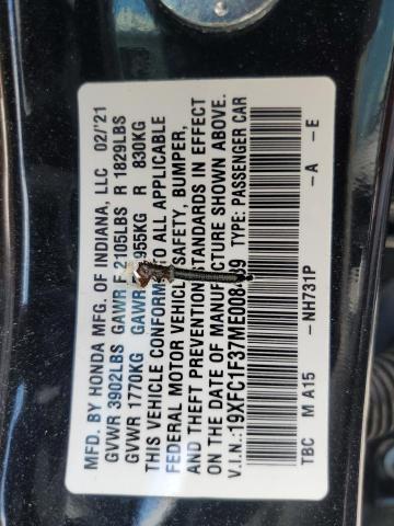 19XFC1F37ME008439 - 2021 HONDA CIVIC EX შავი ფოტო 13