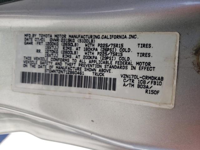 5TEWN72N71Z860461 - 2001 TOYOTA TACOMA XTRACAB SILVER photo 12