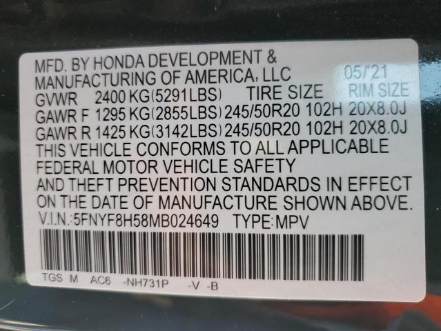 5FNYF8H58MB024649 - 2021 HONDA PASSPORT EXL أسود صورة 12