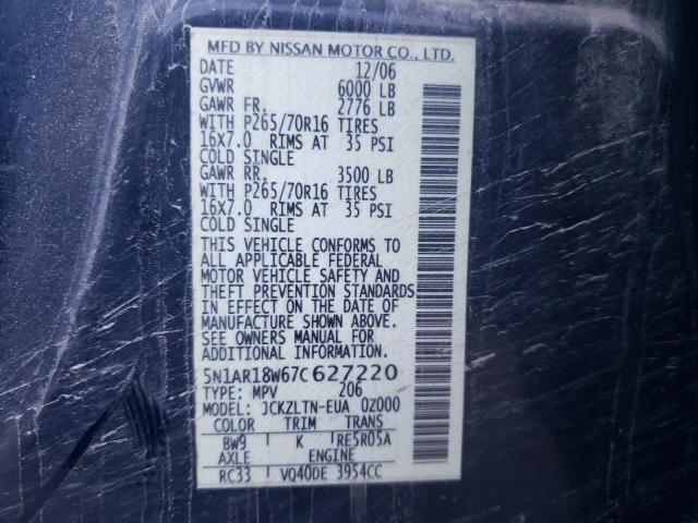 5N1AR18W67C627220 - 2007 NISSAN PATHFINDER LE ლურჯი ფოტო 10