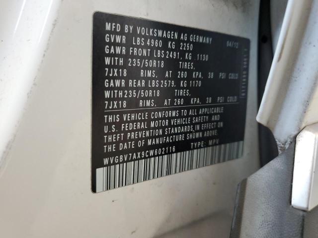 WVGBV7AX9CW602116 - 2012 VOLKSWAGEN TIGUAN S WHITE photo 12