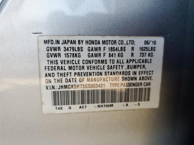 JHMGK5H73GS003401 - 2016 HONDA FIT EX SILVER photo 12