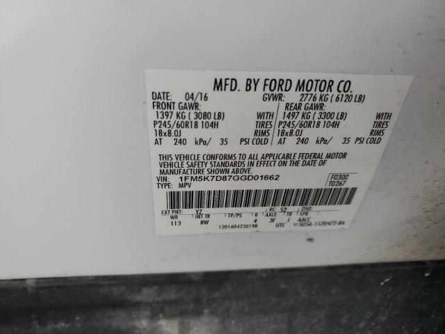 1FM5K7D87GGD01662 - 2016 FORD EXPLORER XLT თეთრი ფოტო 12