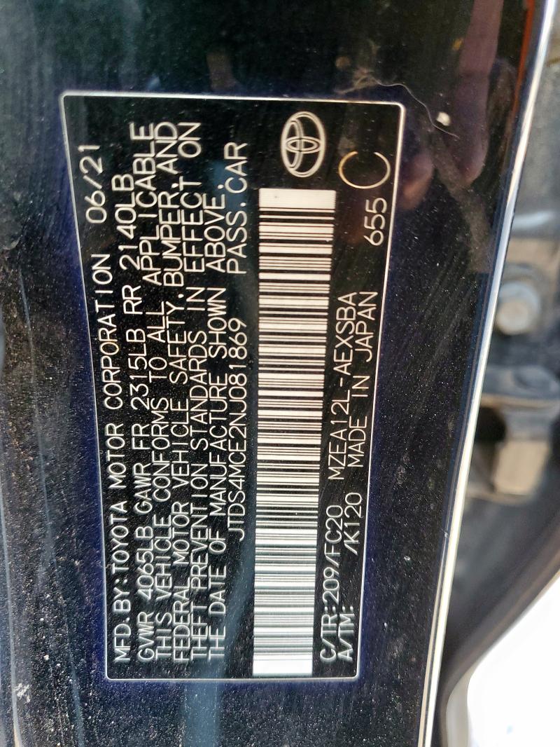 JTDS4MCE2NJ081869 - 2022 TOYOTA COROLLA SE 黑色 照片 12