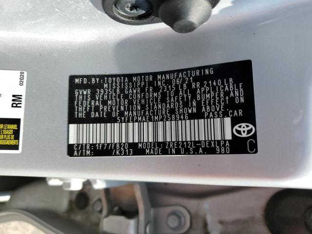 5YFEPMAE1MP258946 - 2021 TOYOTA COROLLA LE ვერცხლისფერი ფოტო 12