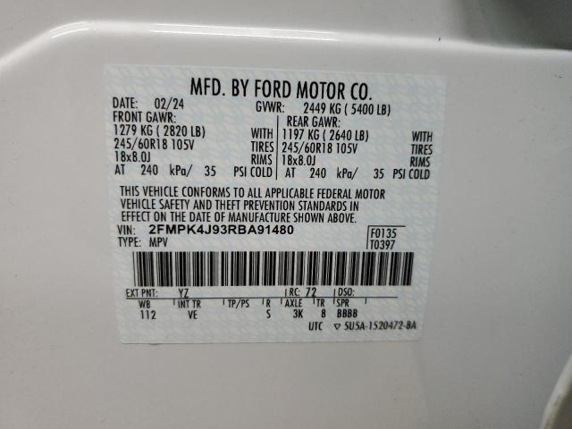 2FMPK4J93RBA91480 - 2024 FORD EDGE SEL WHITE photo 12