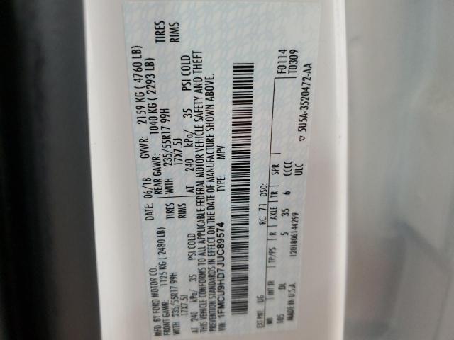 1FMCU9HD7JUC89574 - 2018 FORD ESCAPE SEL 白色 照片 13